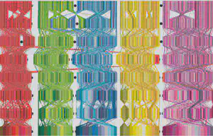 This figure illustrates how gene order changes among the eight species. Each thin line represents a single gene and its position in the different species. Most genes are conserved on the same chromosomal arm or Muller element, but gene order is shuffled between species. This figure appeared in the July 2008 issue of Genetics. *Image courtesy of Stephen Schaeffer.*
